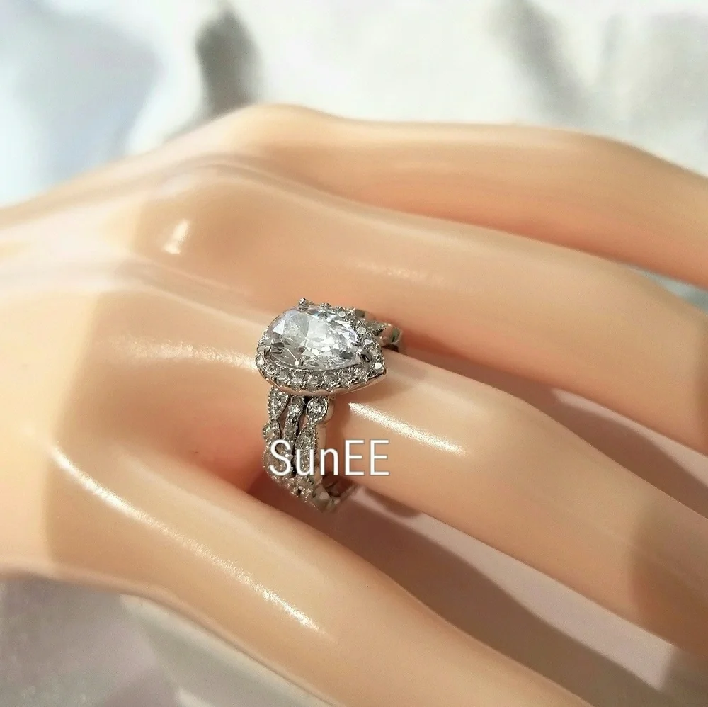 NEW 925 STERLING SILVER HALO DIAMOND PEAR WEDDING RINGS ENGAGEMENT RINGS
